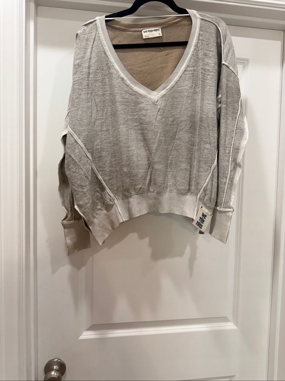 Free People We The Free Gray V-Neck Oversized Raw Edge Pullover Sweater XS